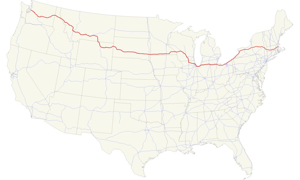 En rojo, el trazado de la autopista más larga de Estados Unidos. 