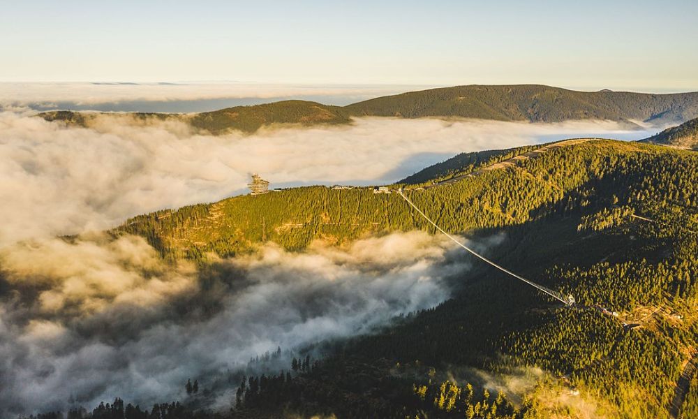 Vista aérea del puente peatonal más largo del mundo.