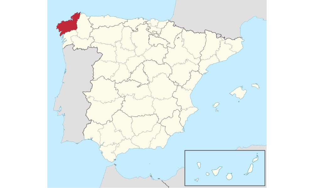 En rojo, el territorio de la provincia española de La Coruña.