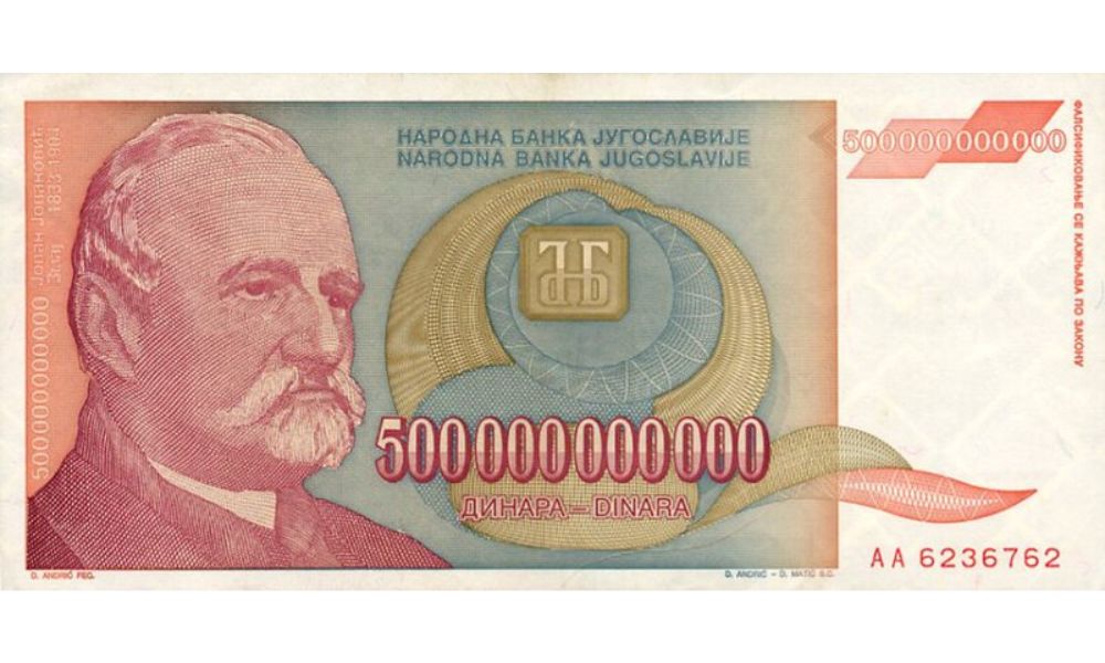 500.000 millones de dinares - El billete más grande de la desaparecida República Federal de Yugoslavia, que compite con los 100 trillones de dólares de Zimbabue.