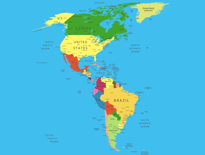 primer país de américa continente mapa con colores