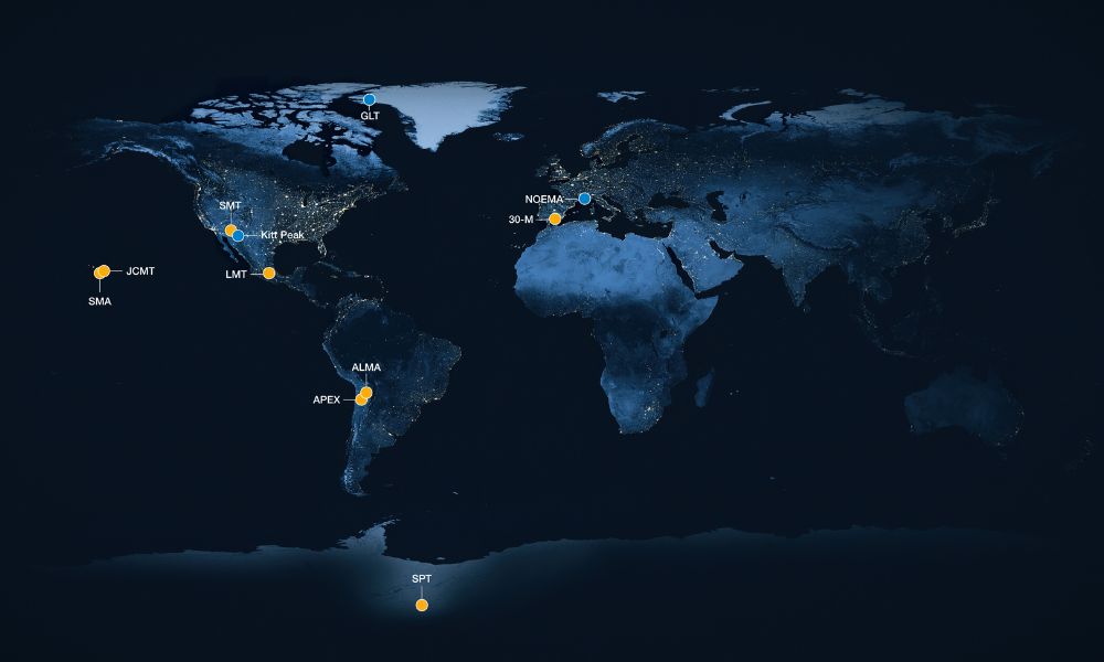 Ubicación en el mapa de los telescopios que lograron la primera foto de un agujero negro.