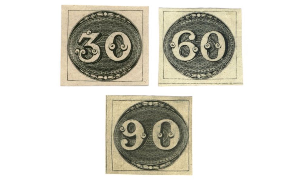 Aspecto de las tres variantes del sello postal Ojo de Buey de Brasil.