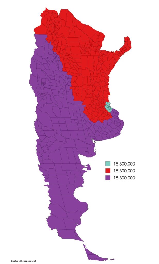 ¿Cómo sería Argentina si se dividiera el mapa en tres regiones con la misma población?