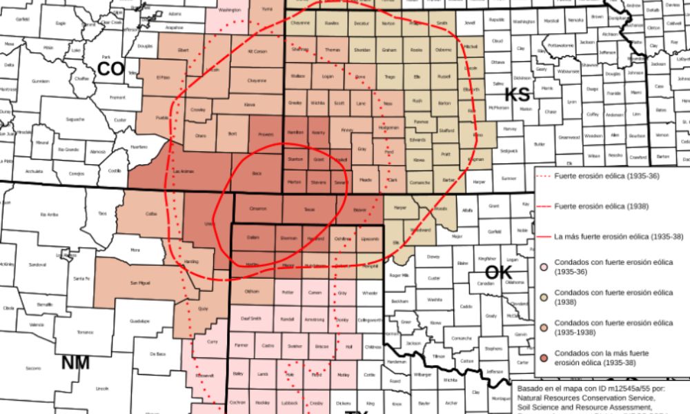 Zona de Estados Unidos más afectada por el Dust Bowl.