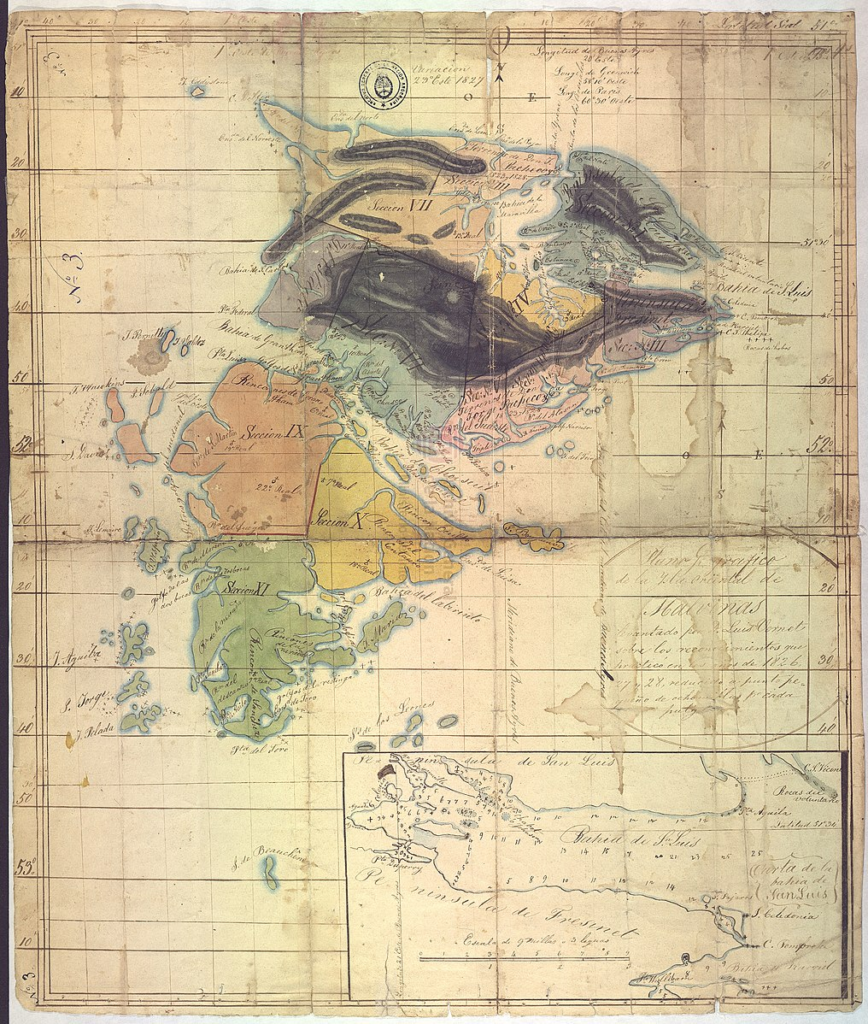 mapa de la Isla Soledad de Malvinas elaborado por el primer gobernador, Luis Vernet