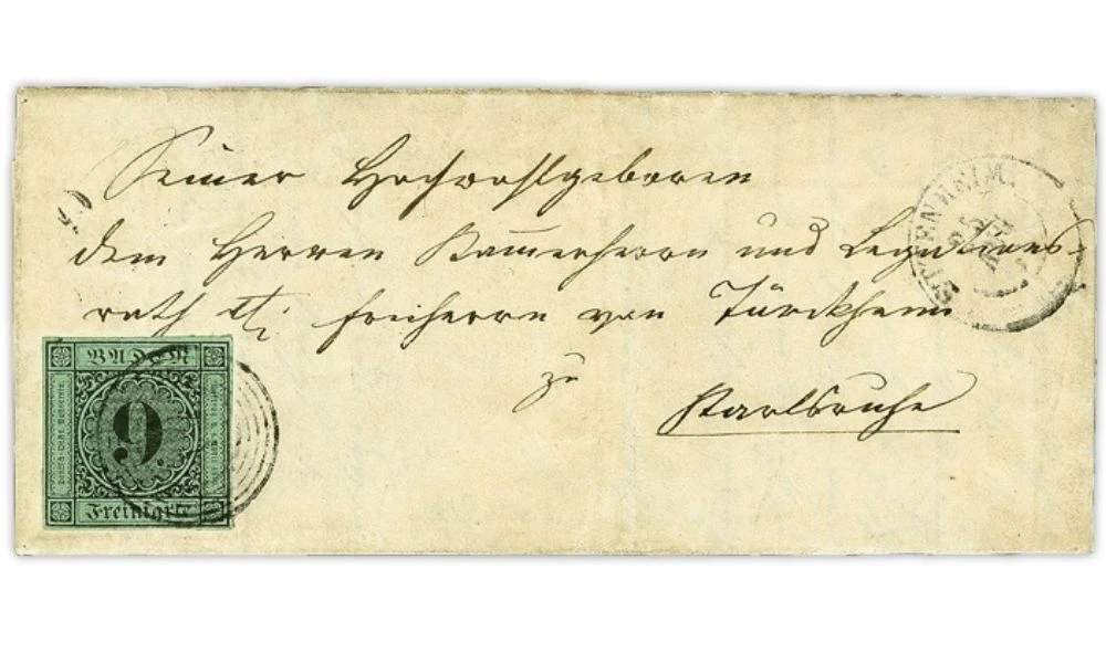 El sello Baden 9 Kreuzer en una carta.