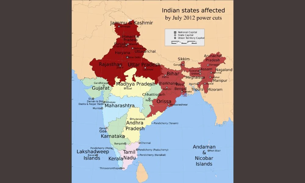 En rojo, las zonas de India que sufrieron el apagón de 2012.