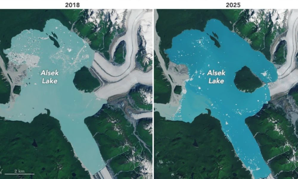 Comparación que demuestra la formación de una nueva isla en Alaska.