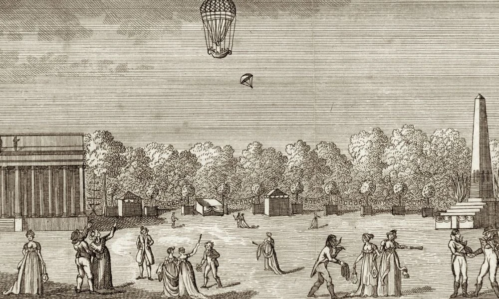 Primer salto en paracaídas de la historia, en el Parque Monceau.