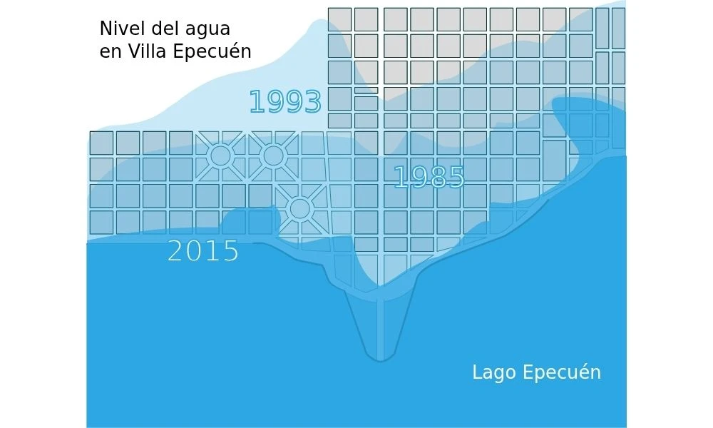 Mapa del descenso del agua en Villa Epecuén.