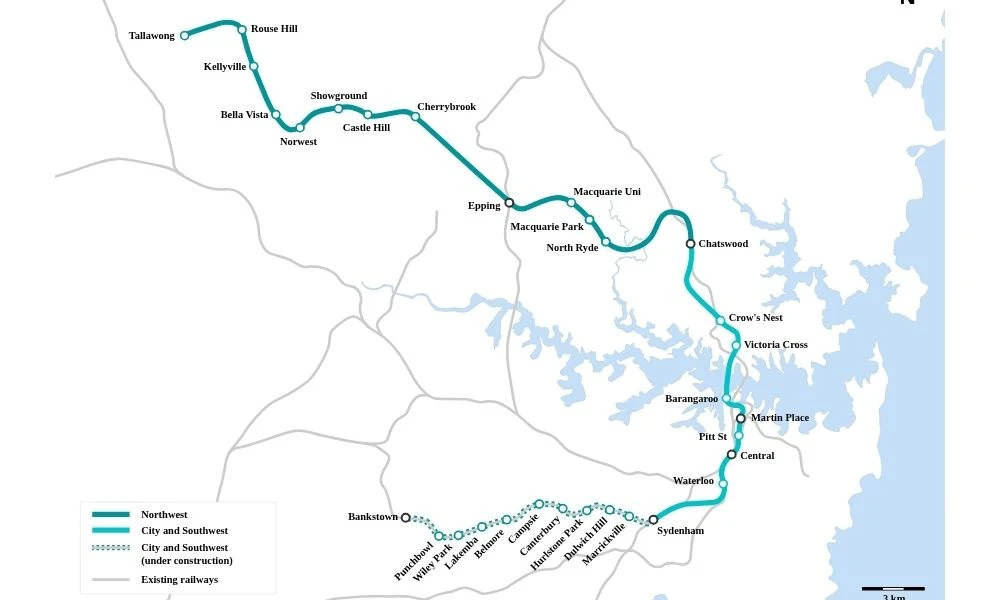 Mapa del sistema de metro más largo de Oceanía.