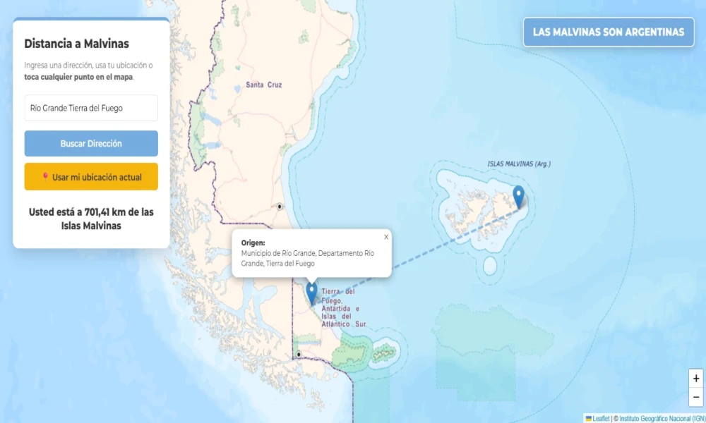Mapa de Malvinas con distancias incluidas.