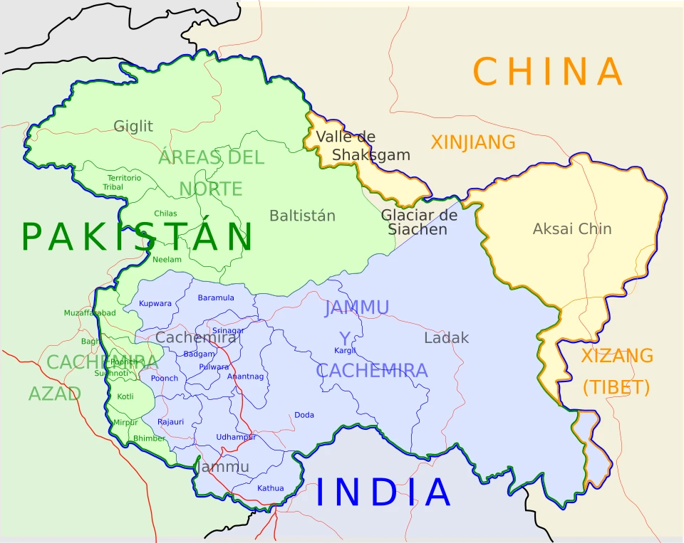 mapa de la región de Cachemira disputada entre India, Pakistán y China